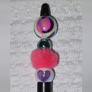 Stylish Black and Pink Furry Pen with Decorative Accents